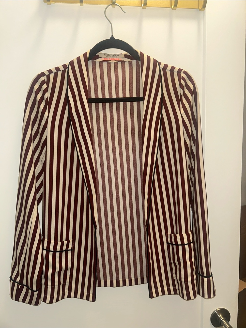 Scotch & Soda Burgundy and Cream Striped Open-Front Blazer